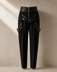 Black Trousers with Leather Buckle Overlays