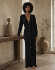 Black Pearl-Button Fitted Dress