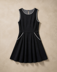 Black Striped Trim Dress laid flat, sleeveless black fit and flare with gray striped trim