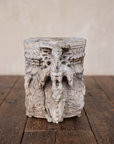 Carved teak temple capital, front detail of a central parrot figure