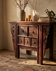 Antique Chinese convertible desk and chair, carved elm console closed, warm afternoon light