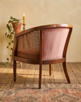 Rear view of the cane barrel chair showing wraparound cane and saber legs