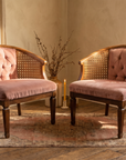 Matched pair of dusty rose velvet cane barrel chairs in an Organic Erotic room