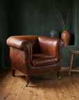 Vintage whiskey leather club chair, three-quarter view alt angle