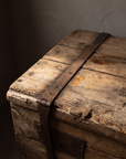 Detail of the antique pine trunk's lid strap hinge and worm holes