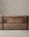 Antique pine trunk straight-on front elevation showing full length and ironwork