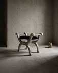 Bone inlay curule bench, 45 degree angle alone, showing full silhouette and construction