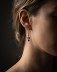 Model wearing Amethyst and Pearl Drop Earrings