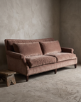 Taylor King dusty rose velvet sofa, 45 degree view showing full form and construction