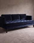Shenandoah navy velvet sofa, three-quarter angle