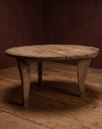 Antique round coffee table, darker, three-quarter view