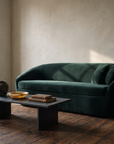 Green velvet tub sofa by a tall old window with a slate coffee table, onyx bowl, leather books and a branch in a pot