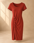 Rust ruched midi dress