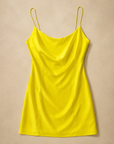 Yellow Satin Slip Dress laid flat, bright yellow satin with cowl neck and thin double straps