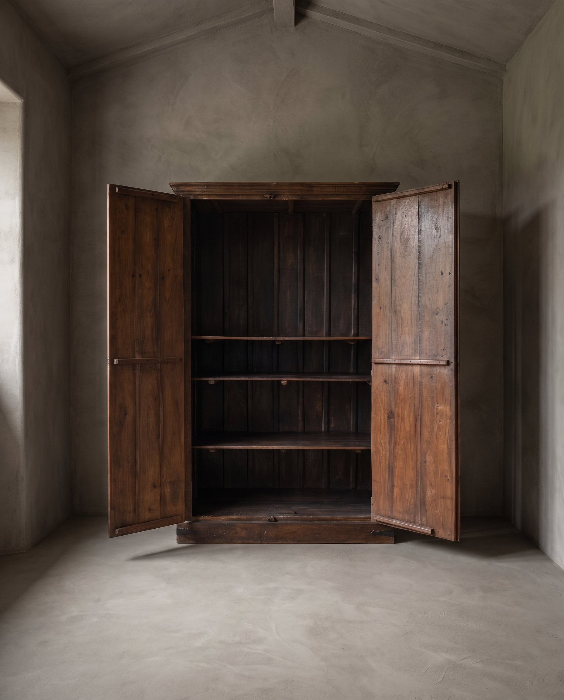 ABC Haveli Armoire interior, doors open showing fixed shelves