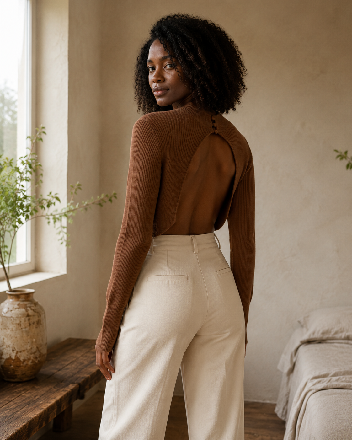 Brown Open-Back Sweater
