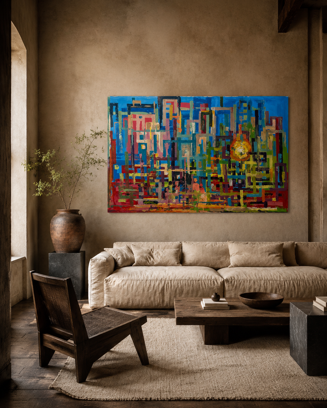 Large blue and red abstract cityscape painting above a linen sofa in a warm plaster room
