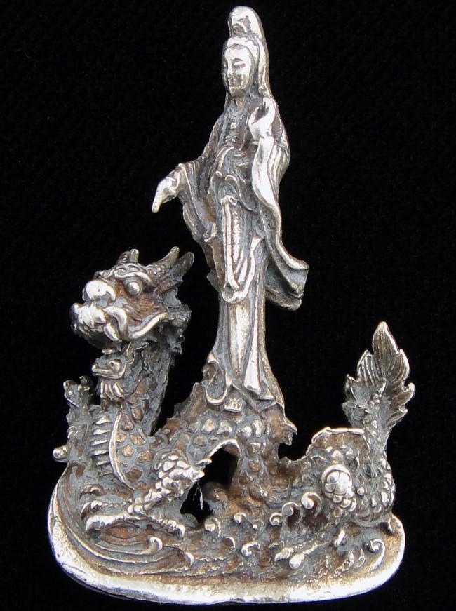 Brass Deity Statuette Quan Yin On Dragon