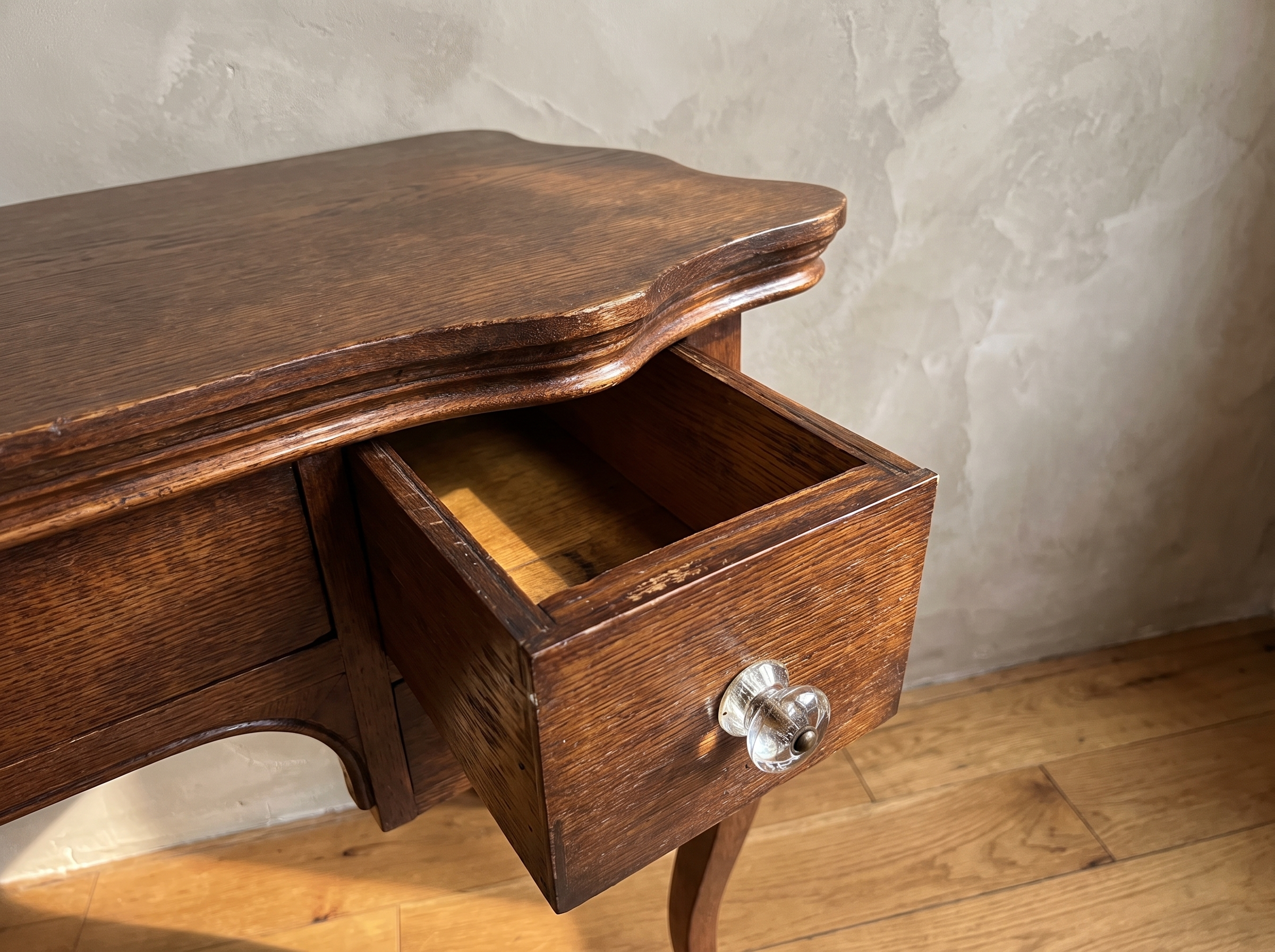 Antique writing desk, drawer and glass knob detail