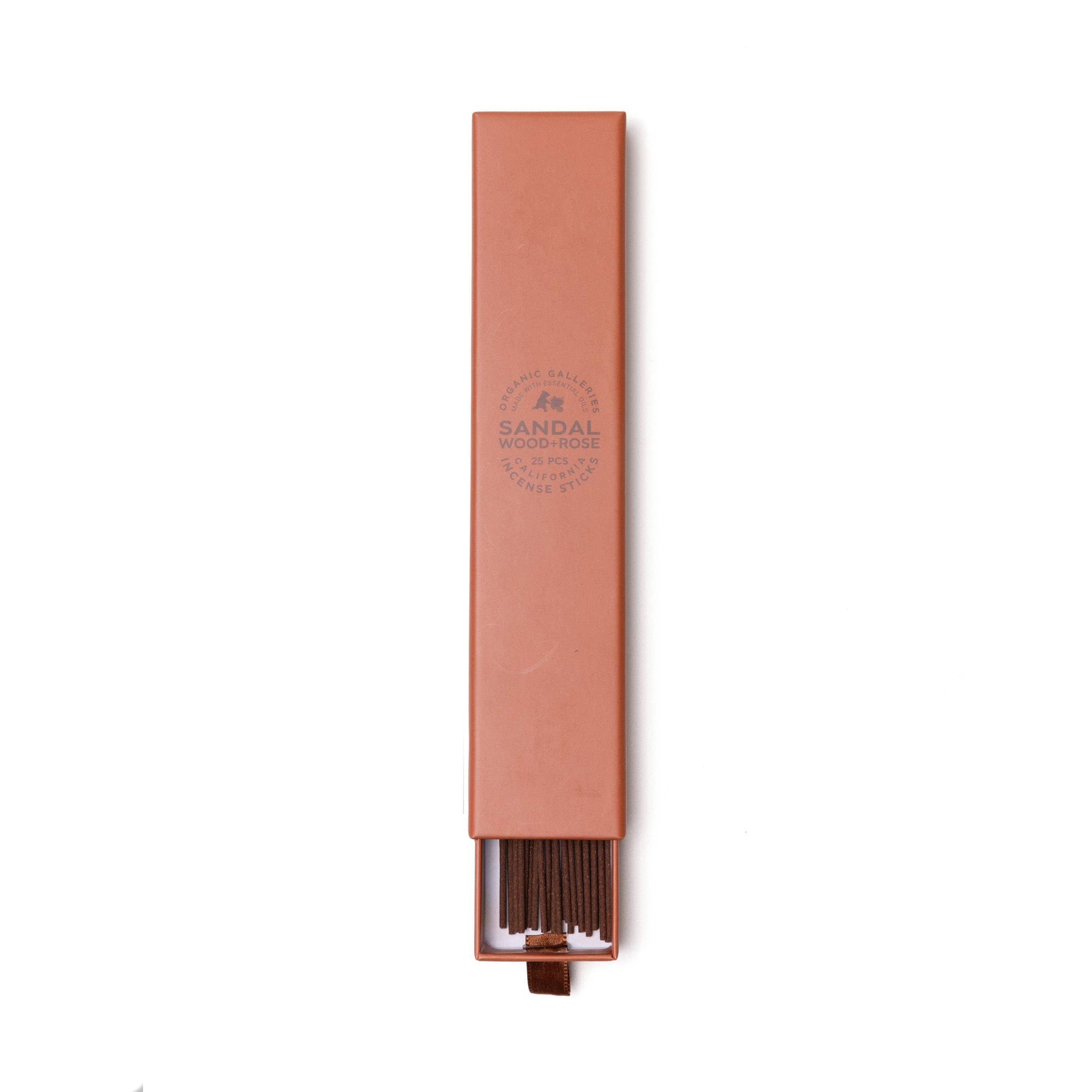 Sandalwood + Rose incense sticks in a terracotta sliding drawer box, 25 pieces