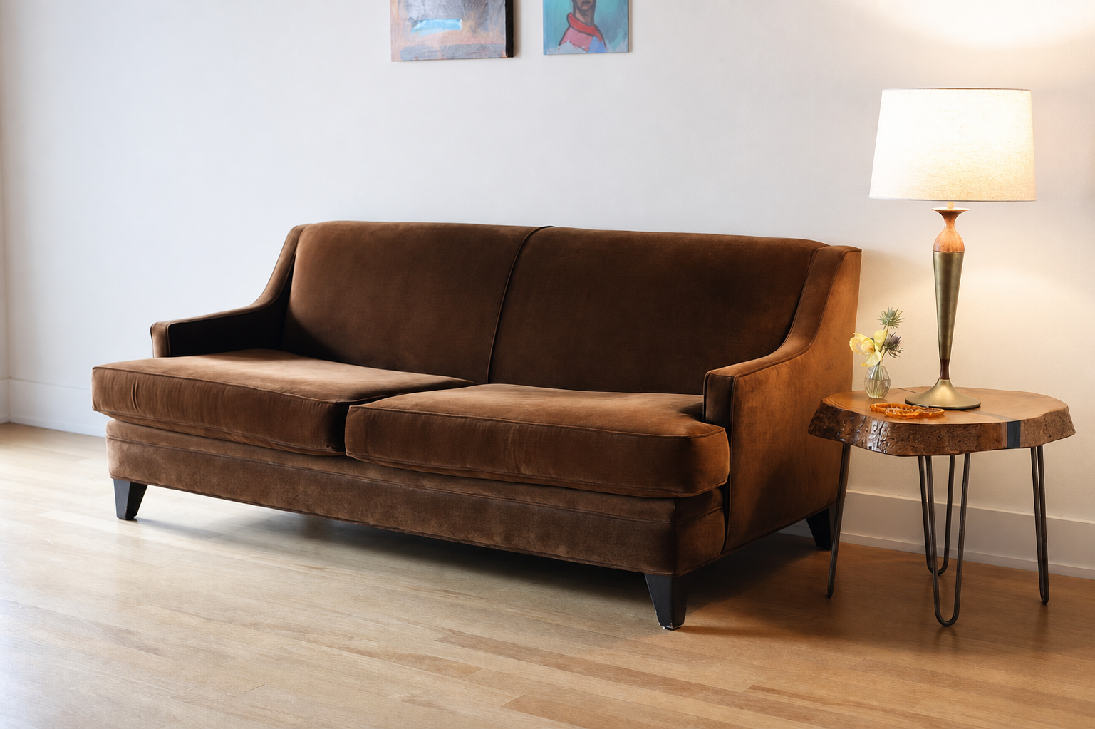Cognac velvet mid-century sofa, full three-quarter view with lamp and side table