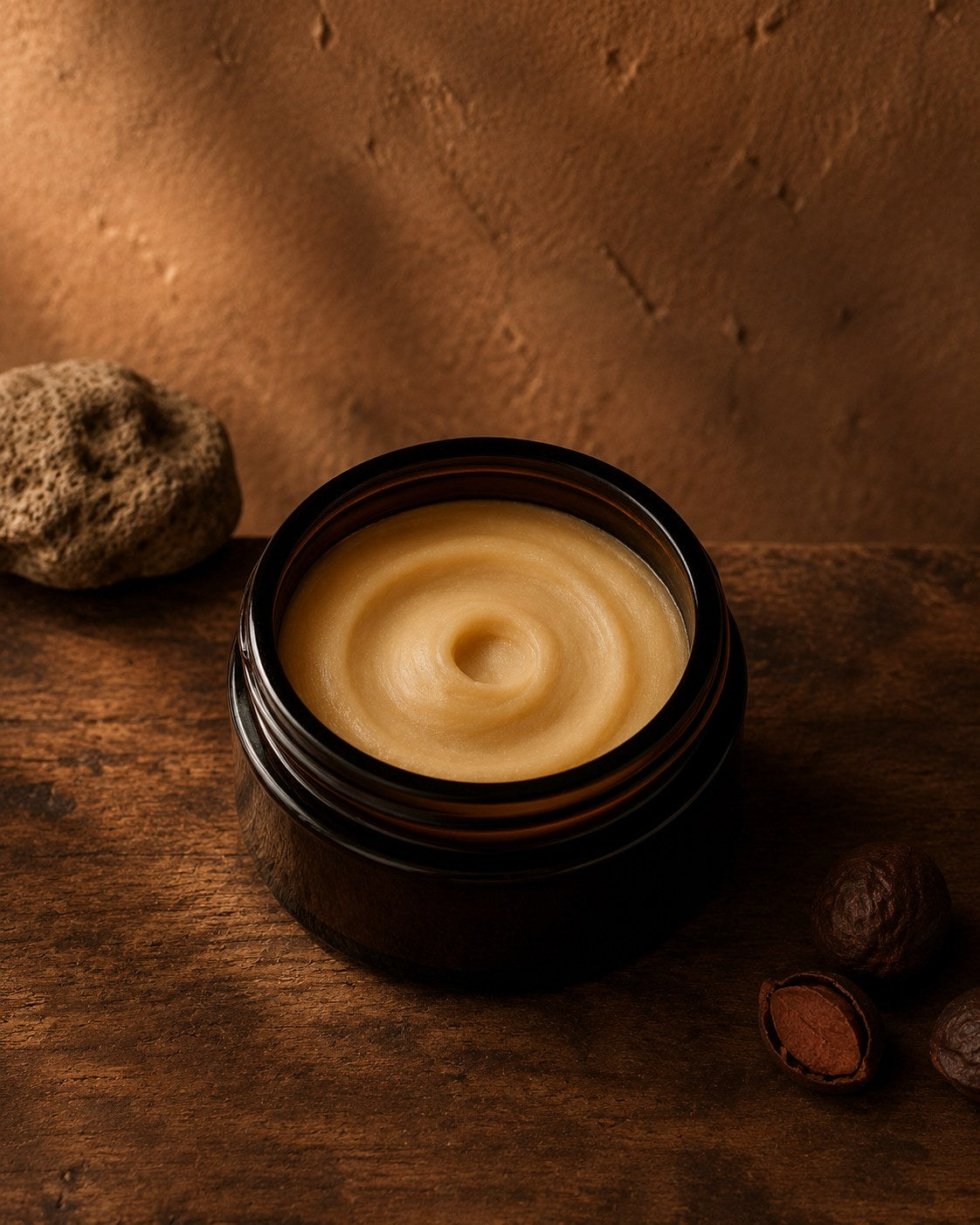 Kokum whipped body butter in an amber jar with raw kokum nuts