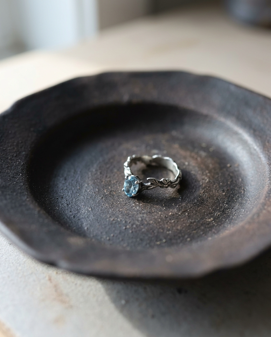 Blue Topaz Twig Ring, close-up
