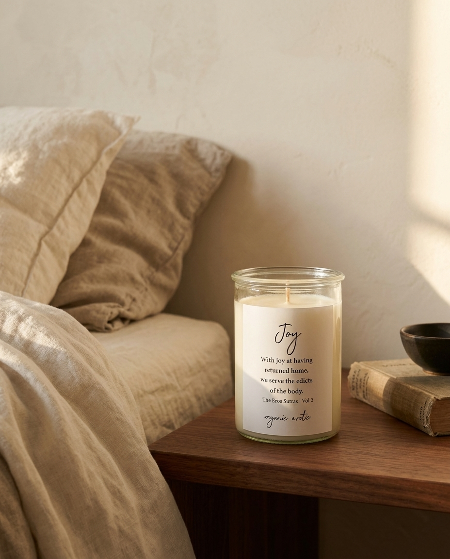 Joy Sutra Candle on bedside