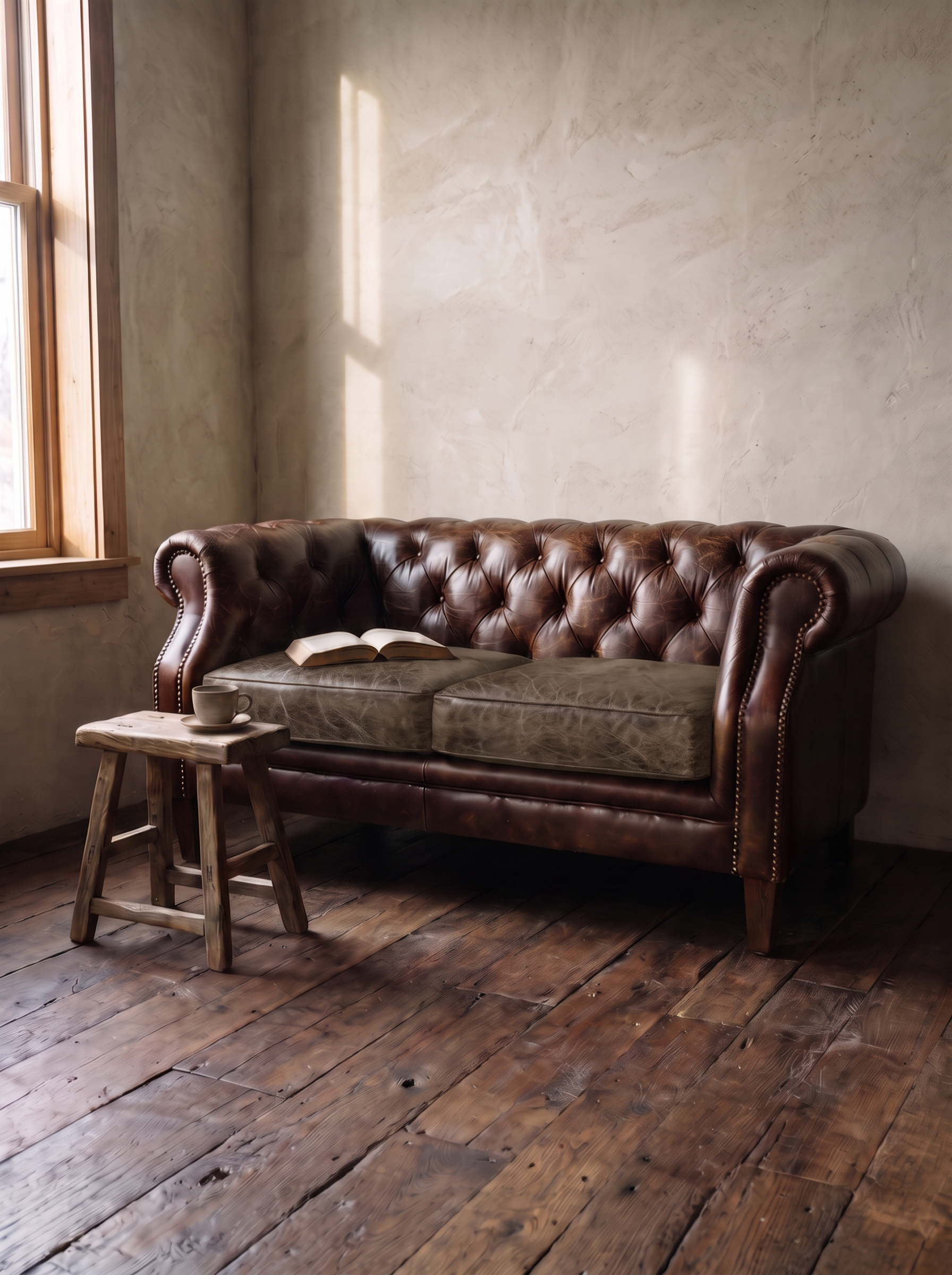 Leather chesterfield loveseat in morning window light with an open book and a stool with coffee