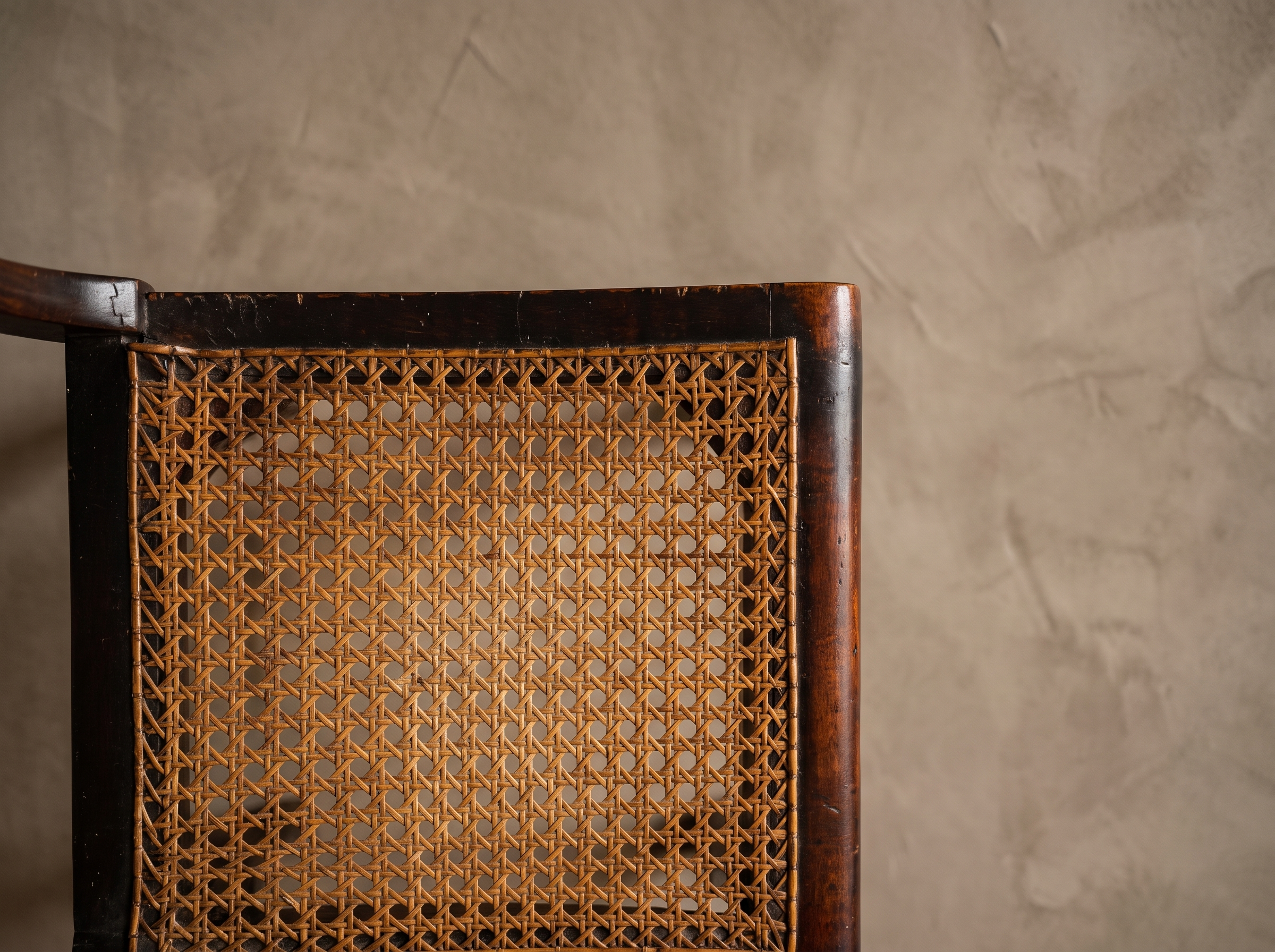 Antique cane seat chair, cane seat corner detail