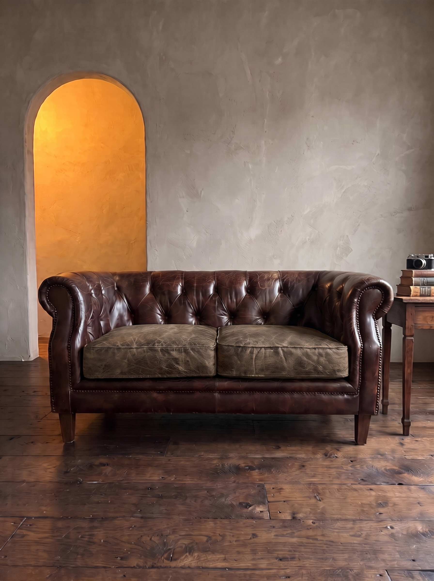 Leather chesterfield loveseat in a plaster salon with amber light through an arched doorway