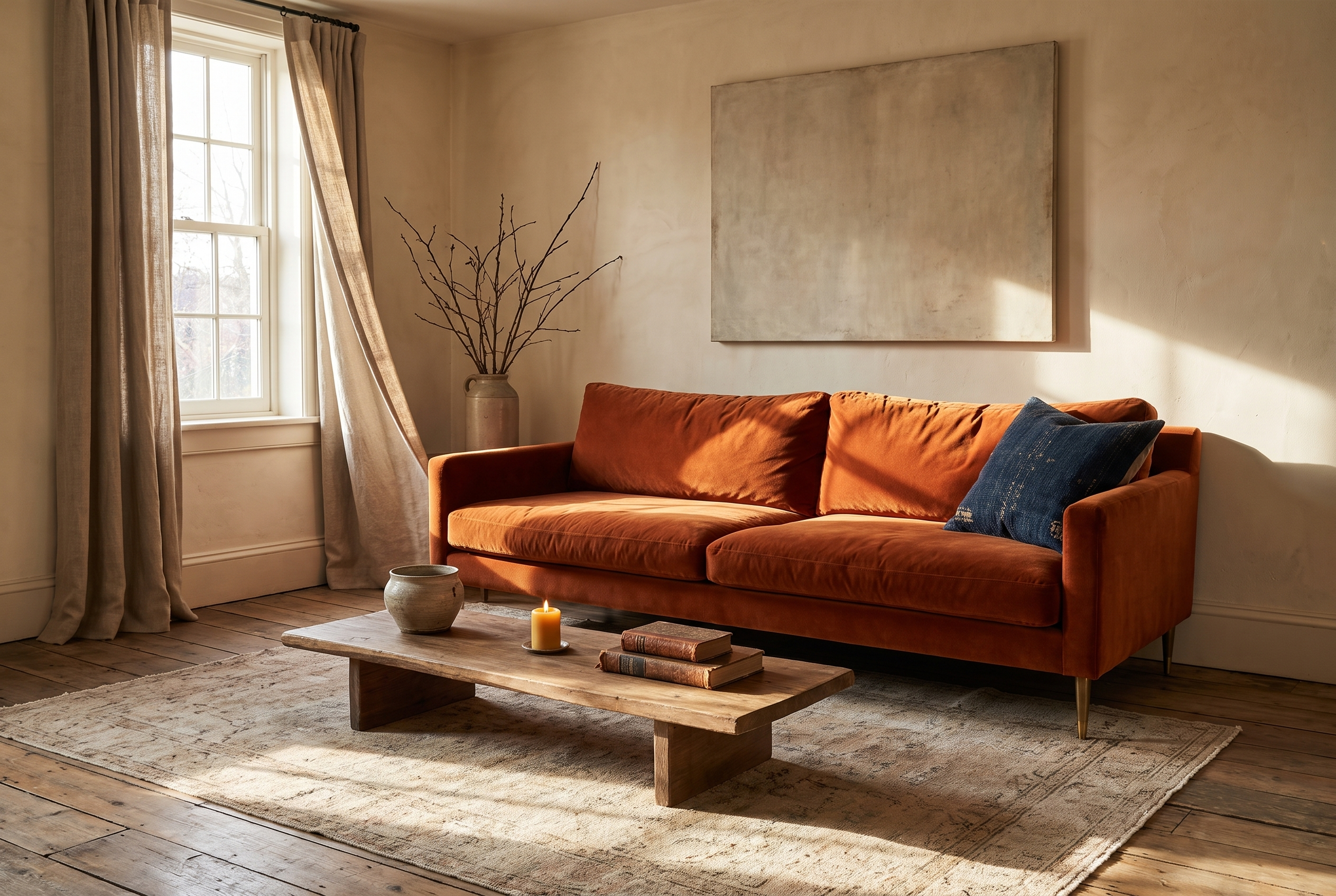 Rust Velvet Track-Arm Sofa, lifestyle hero shot