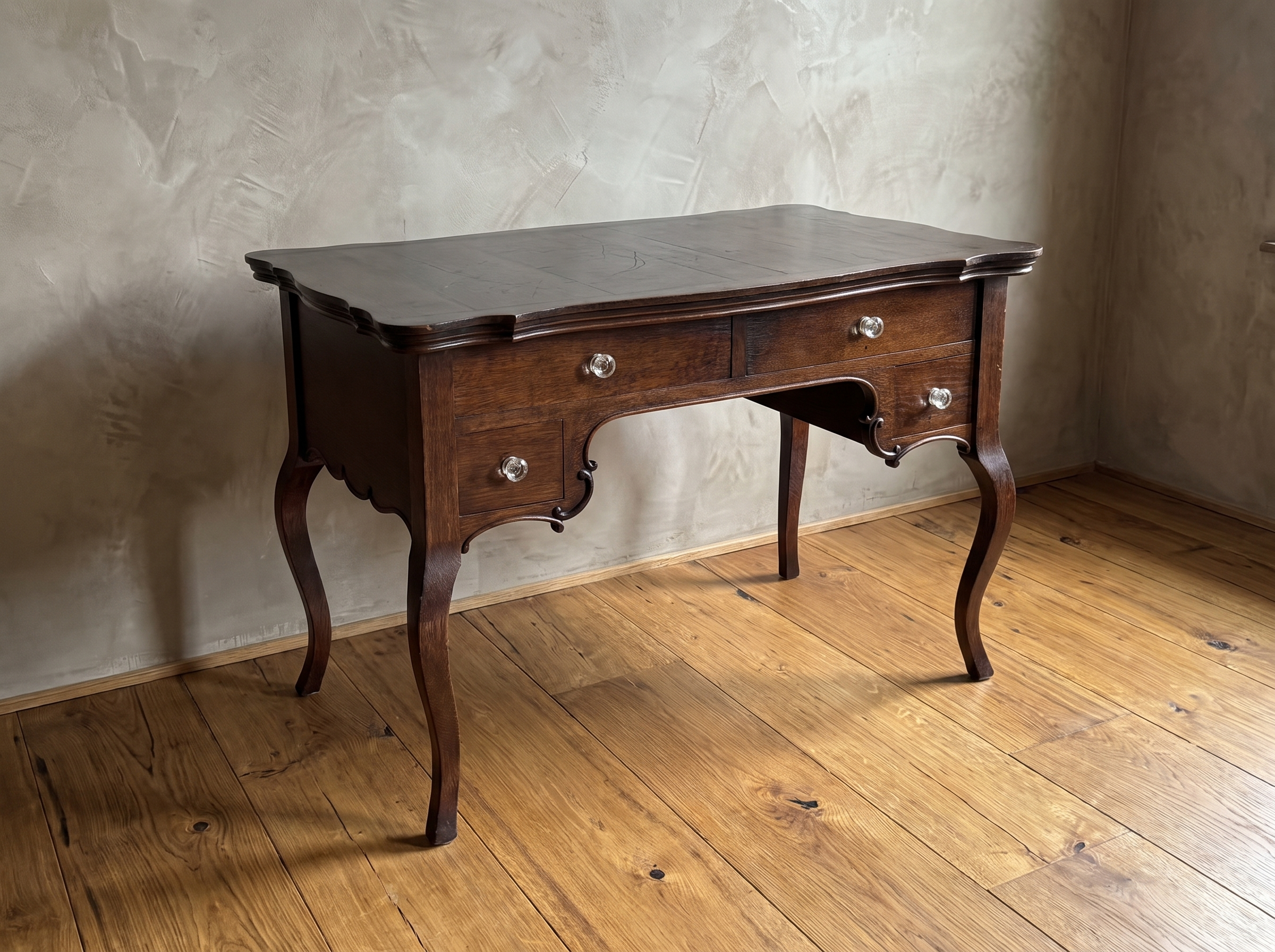 Antique serpentine writing desk, hero view, dark wood with cabriole legs