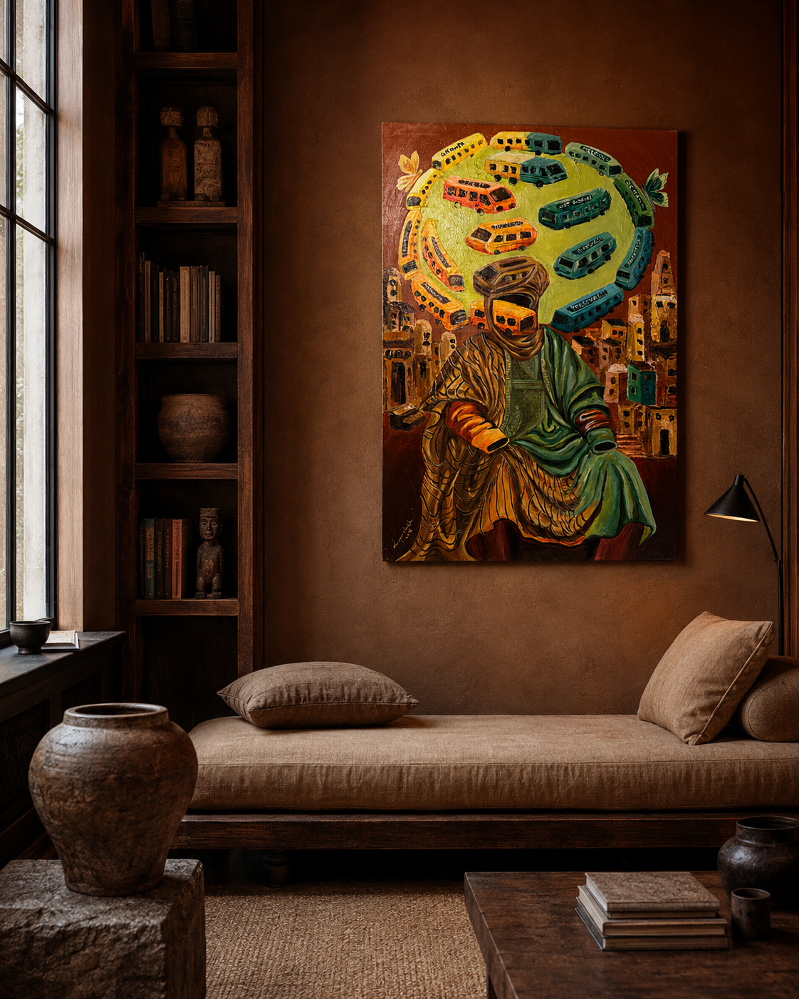 Seated robed figure with a halo of danfo buses, painting hung in a warm dark plaster room