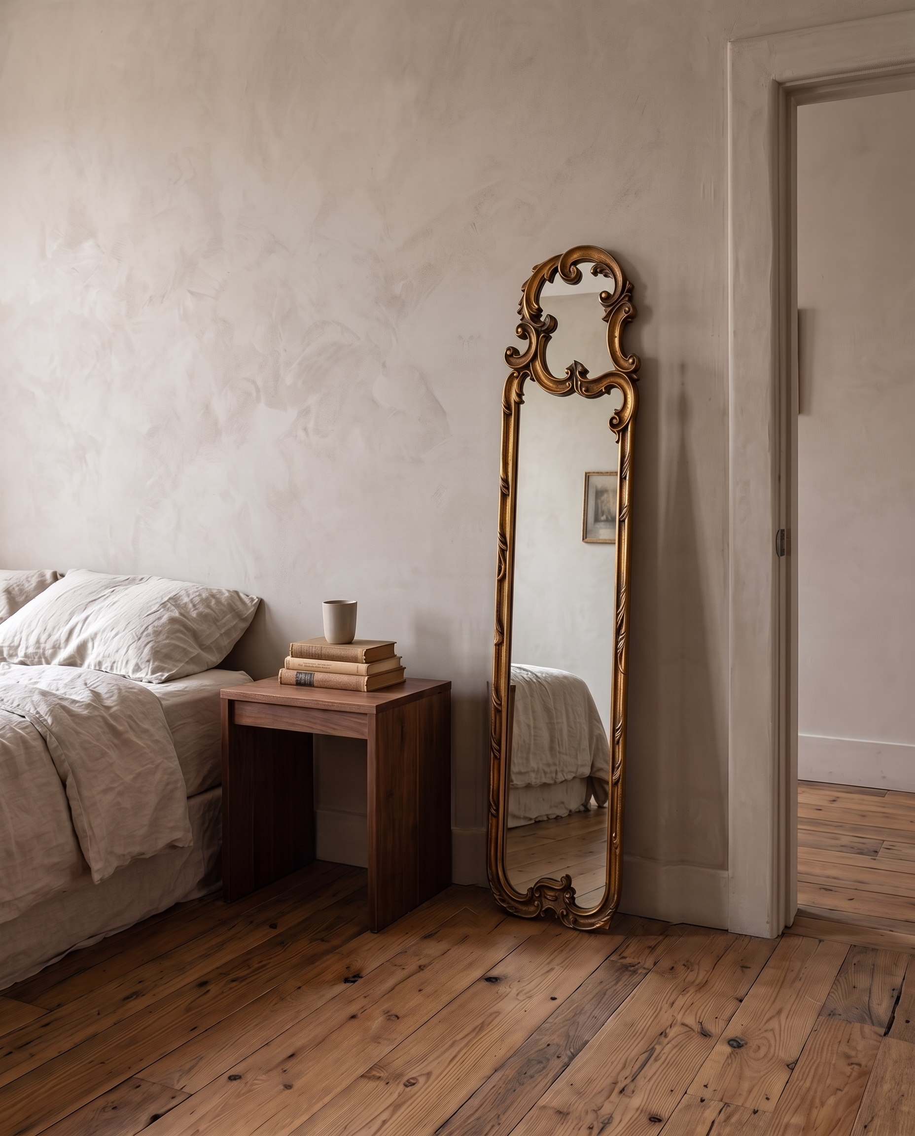 Gilt scroll mirror leaning beside a walnut nightstand and linen bed in a plaster bedroom