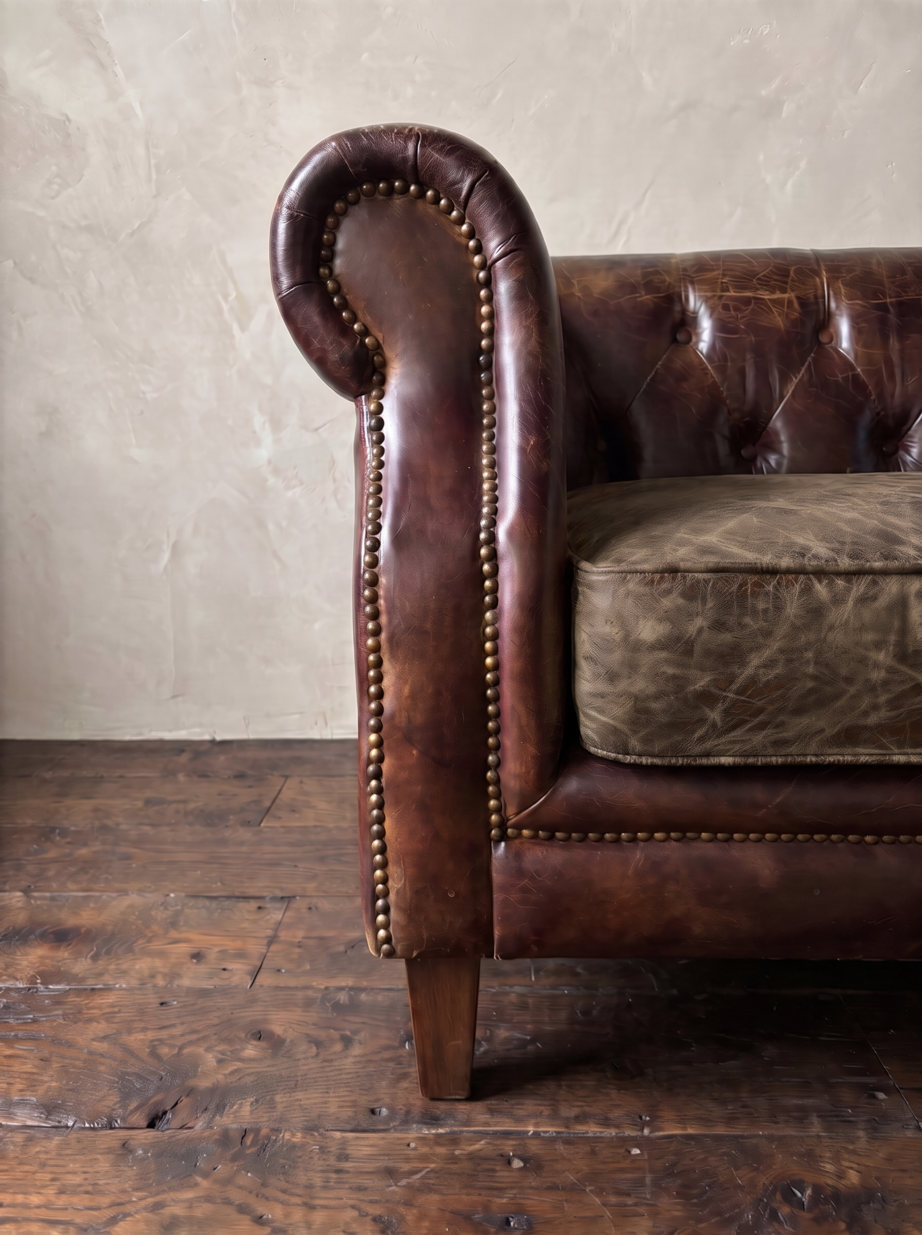 Close-up of the scroll arm, antique brass nailheads, crackled smoky brown leather cushion and tapered leg