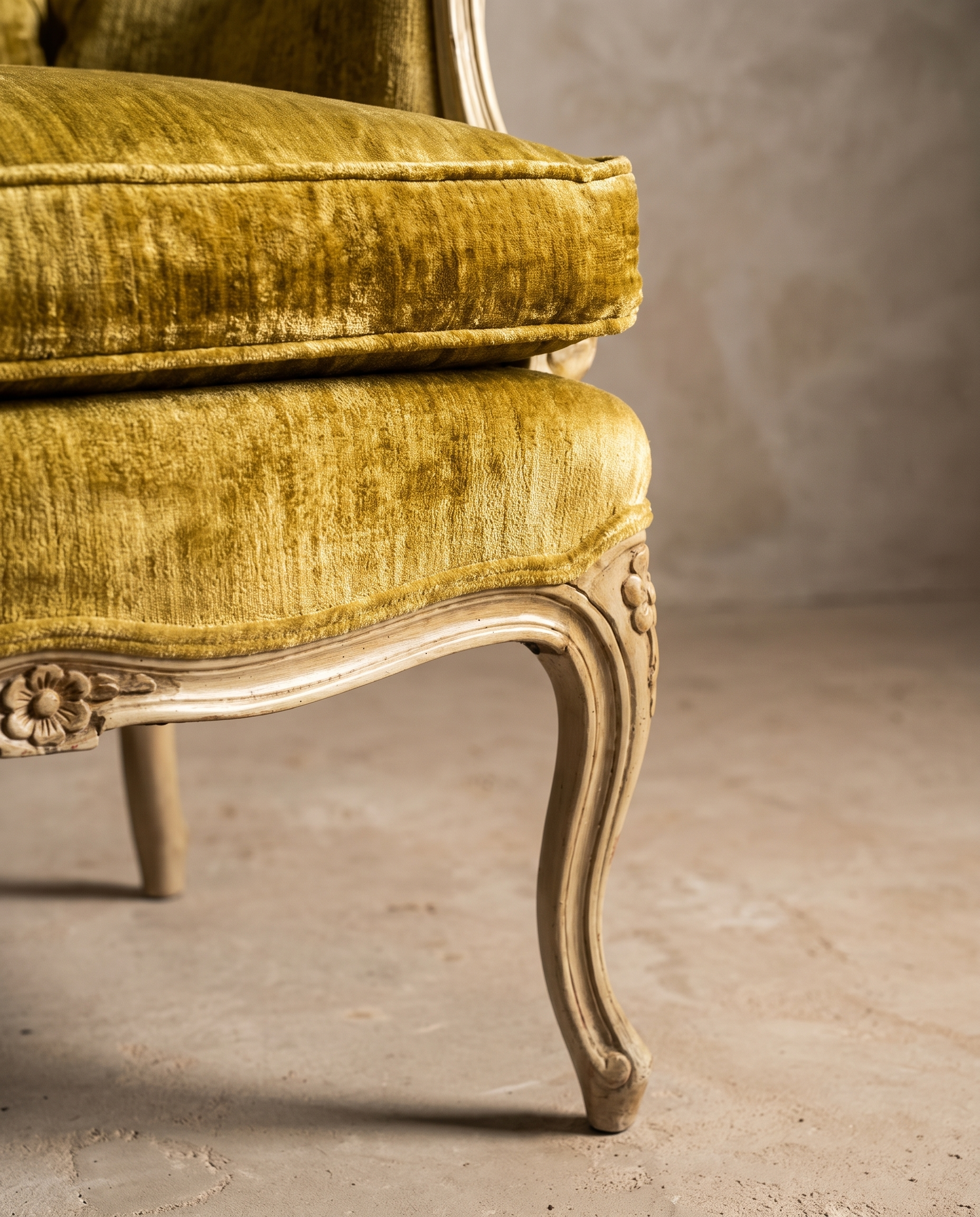 Macro detail of the front cabriole leg and apron carving on The Citron Bergère chair