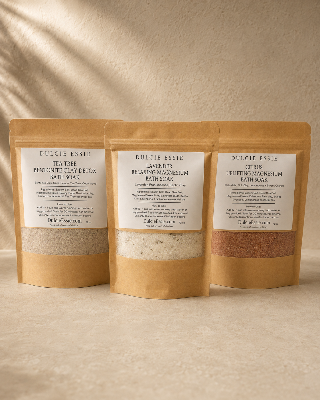 Dulcie Essie bath soaks, all three scents: Tea Tree Bentonite Clay Detox, Lavender Relaxing Magnesium, and Citrus Uplifting Magnesium