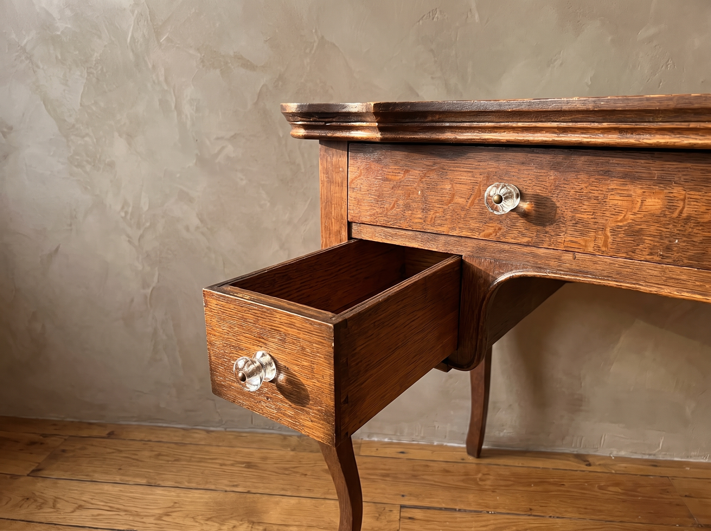Antique writing desk, open drawer detail
