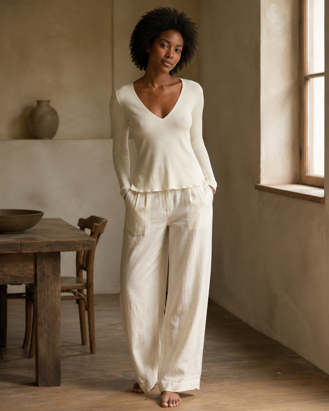 Ivory Long-Sleeve V-Neck Knit Top