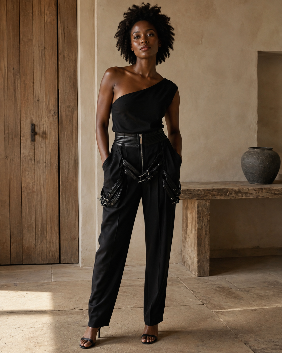 Black Trousers with Leather Buckle Overlays