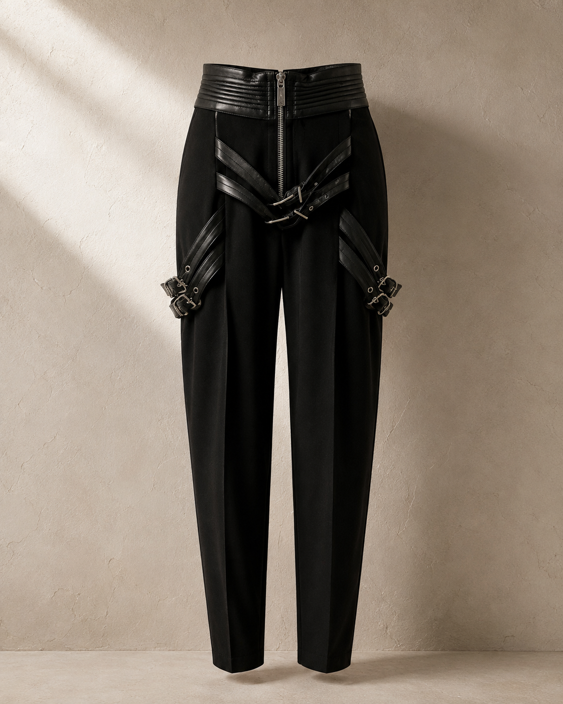 Black Trousers with Leather Buckle Overlays