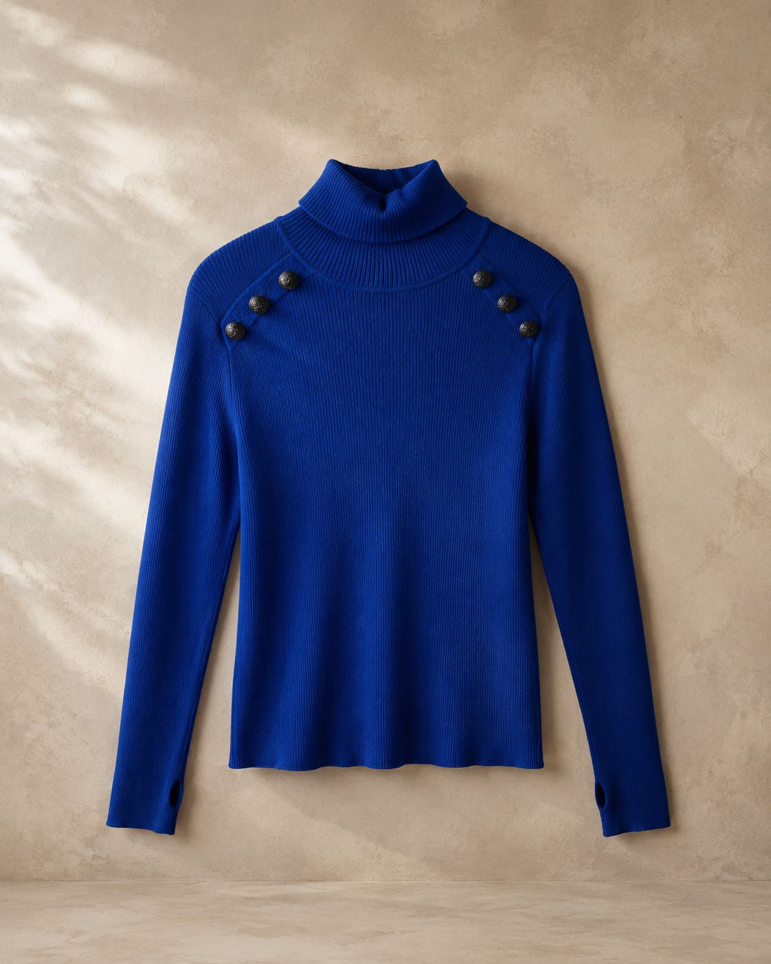 Royal Blue Button-Detail Turtleneck, ribbed knit with black buttons across each shoulder