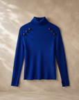 Royal Blue Button-Detail Turtleneck, ribbed knit with black buttons across each shoulder