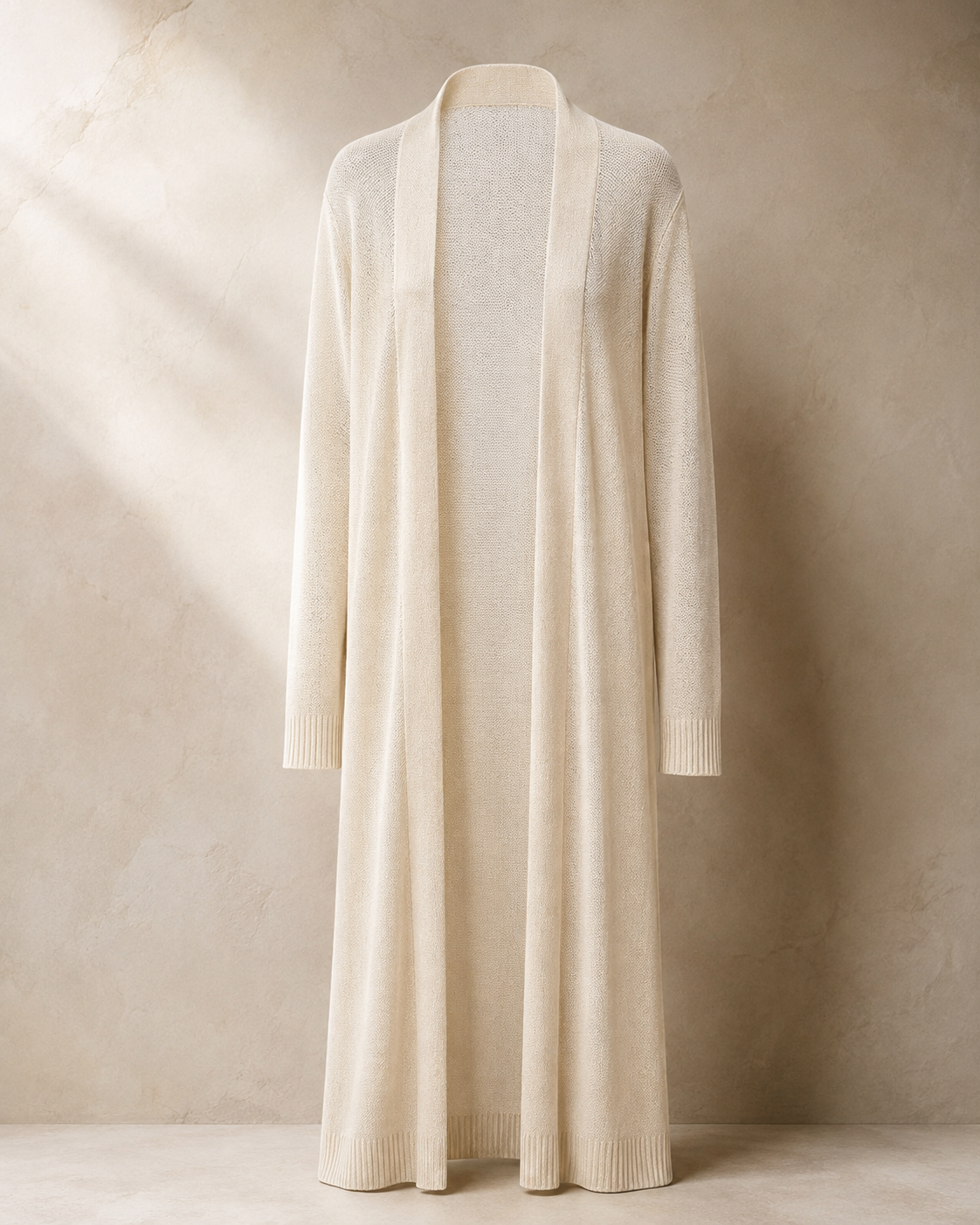 Long Ivory Open-Front Cardigan, floor-length featherweight knit with a wide shawl front