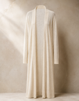 Long Ivory Open-Front Cardigan, floor-length featherweight knit with a wide shawl front