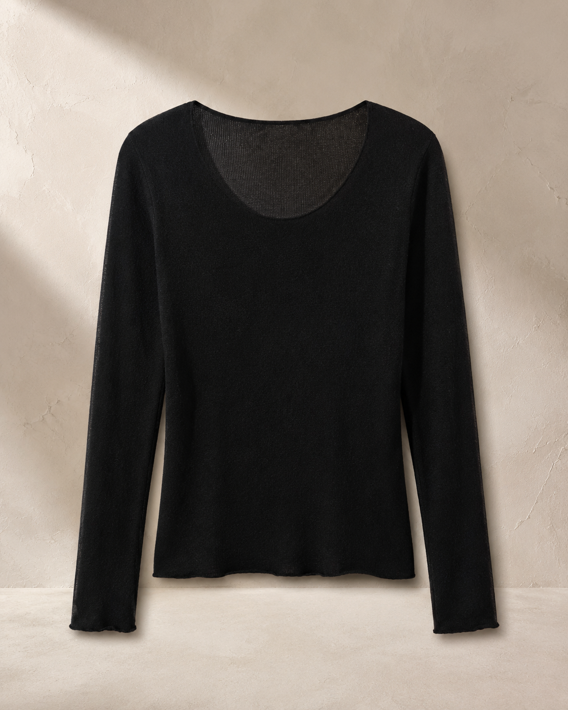 Black Scoop-Neck Cashmere Top, fine long-sleeve knit with a lettuce-edge hem