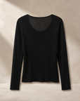 Black Scoop-Neck Cashmere Top, fine long-sleeve knit with a lettuce-edge hem