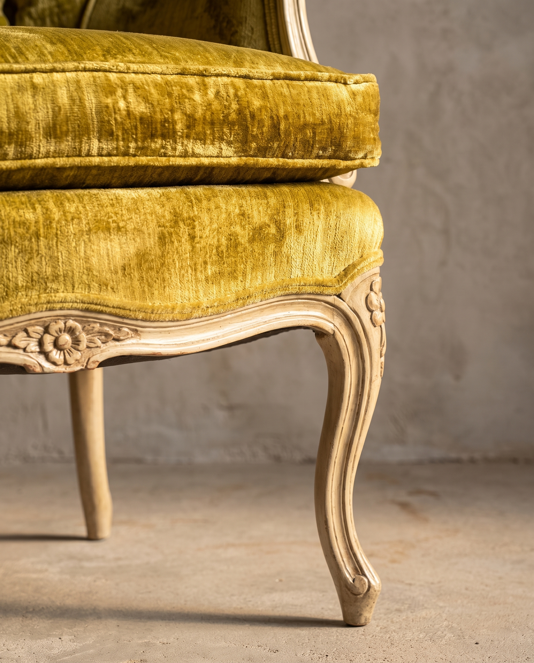 Macro detail of the front cabriole leg and apron carving on The Citron Bergère chair, alternate angle