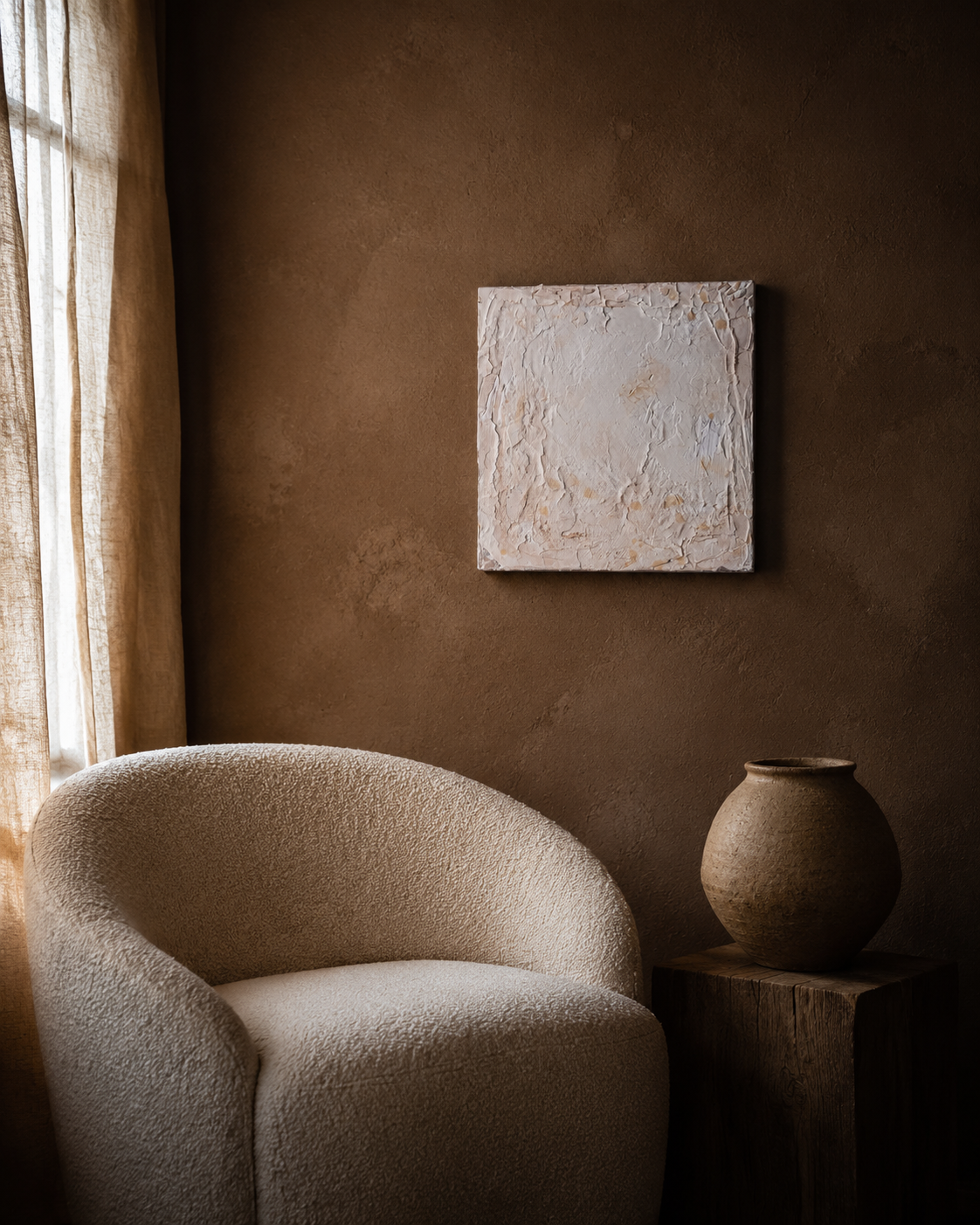 Sanctuary 1 hung above a boucle chair in a warm plaster room